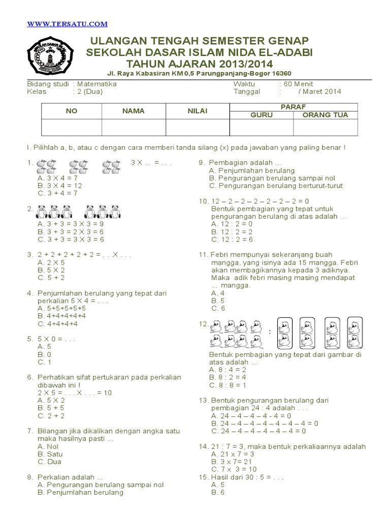 Bocoran 40 Soal UAS Matematika Kelas 2 SD Semester 2 PDF yang Sering Muncul Saat Ujian