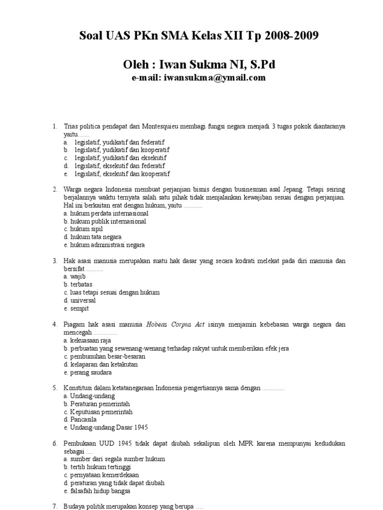 Soal Usbn Pkn Kelas 12 Kurikulum 2013 Dalchaebi