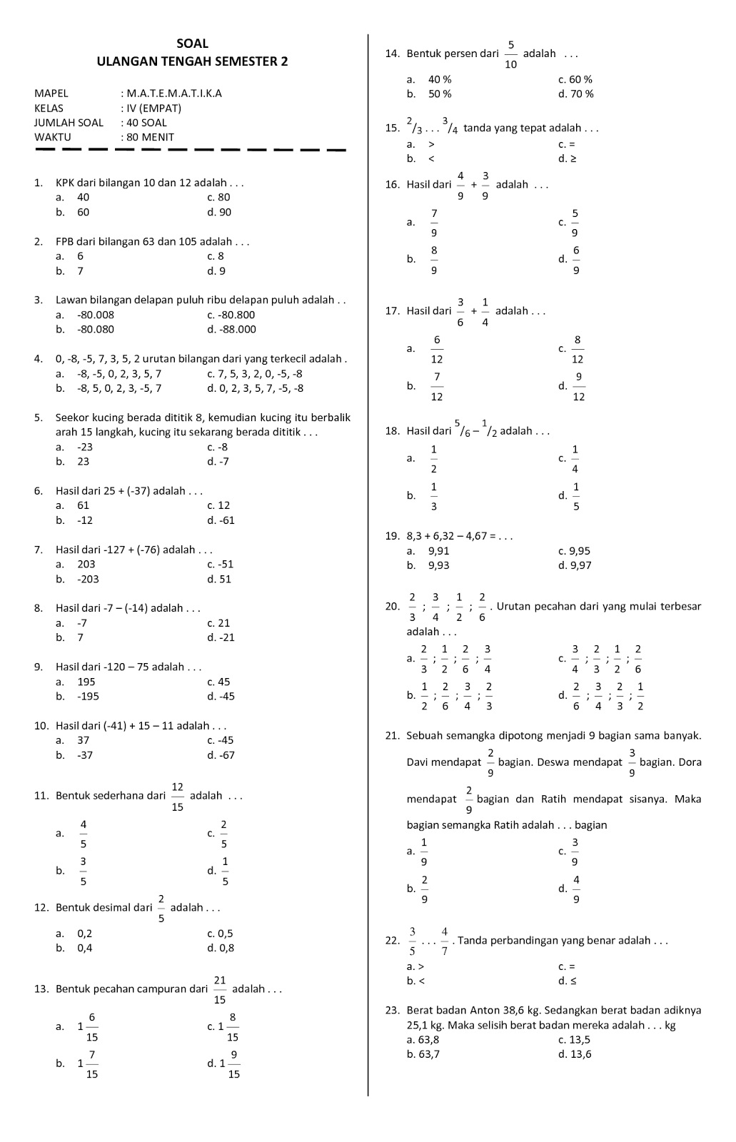 Soal Matematika Kelas 4 Sd Semester 1 Dalchaebi