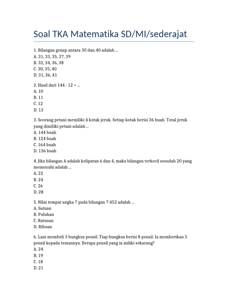 Soal TKA Matematika SD Kelas 6 PDF Soal TKA Matematika SD Kelas 6 PDF