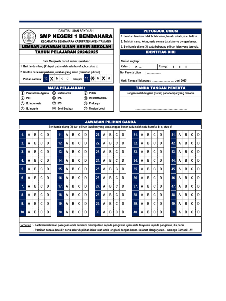 Lembar Jawaban Ujian Sekolah 2024 2025 PDF Lembar Jawaban Ujian Sekolah 2024 2025 PDF