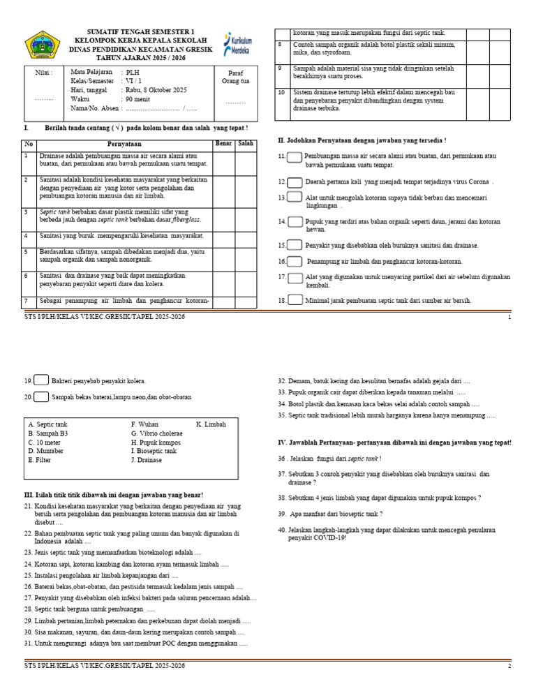 Rahasia Soal Ujian Sekolah PLH Kelas 6 PDF dari Bank Soal SDN Candi I Karangmojo