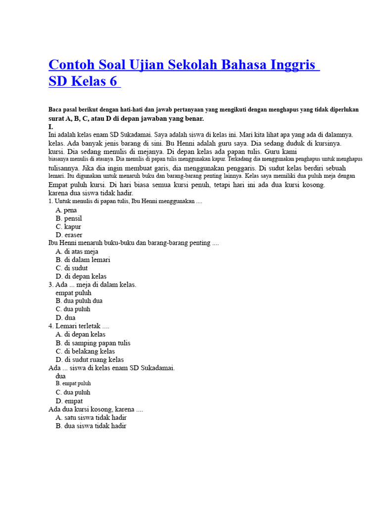 Soal Ujian Bahasa Inggris SD Kelas 6 PDF