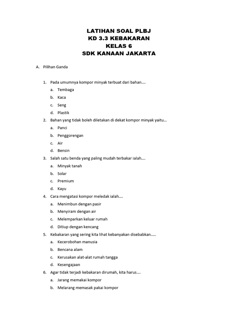 Latihan Soal Kebakaran Kelas 6 PLBJ PDF