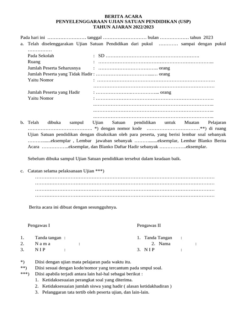 Berita Acara Ujian Sekolah 2023 PDF