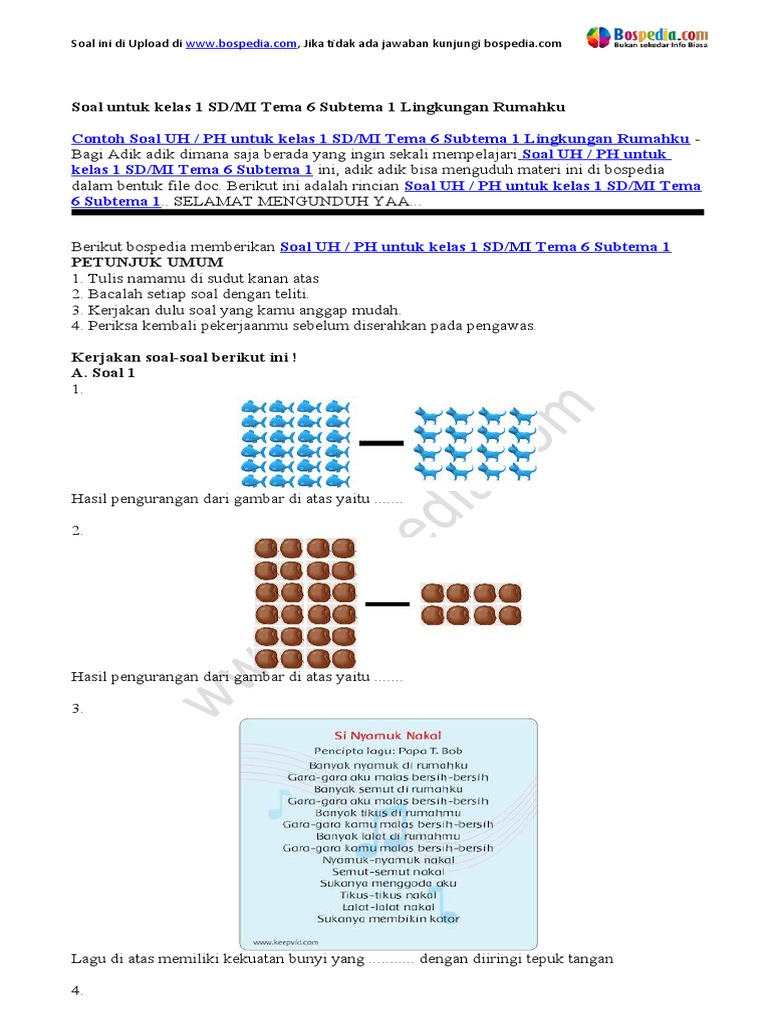 Soal UH Kelas 1 Tema 6 Subtema 1 PDF Olahraga Rekreasi Seni