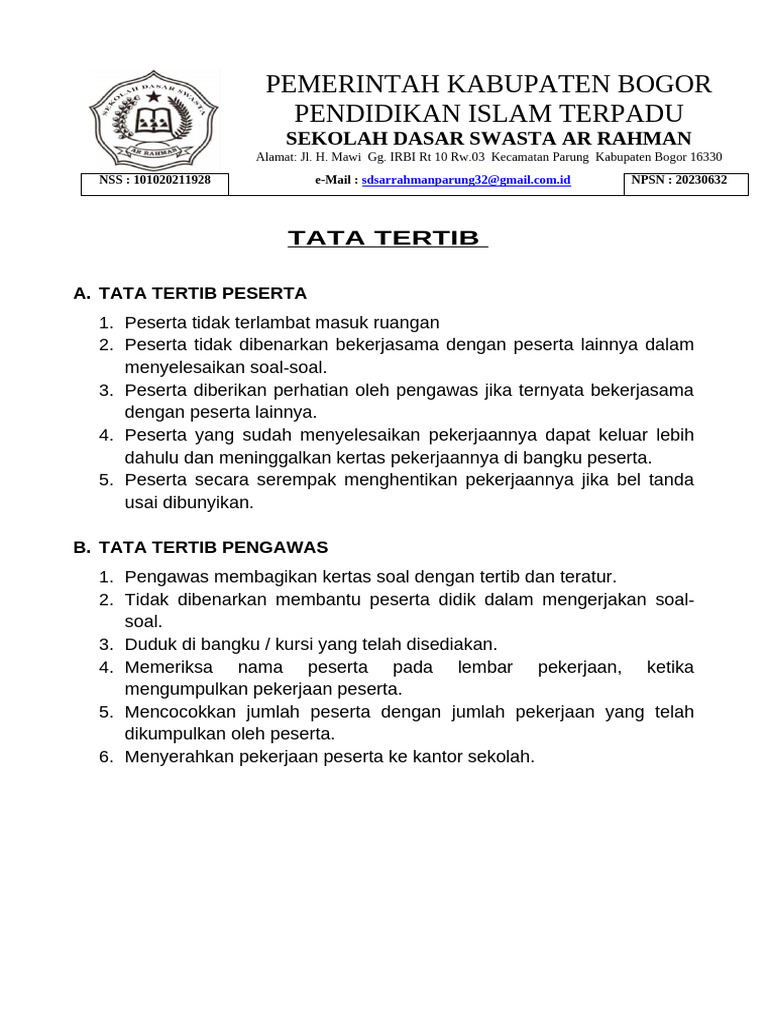 Tata Tertib Ujian Sekolah SDS Ar Rahman PDF Tata Tertib Ujian Sekolah SDS Ar Rahman PDF