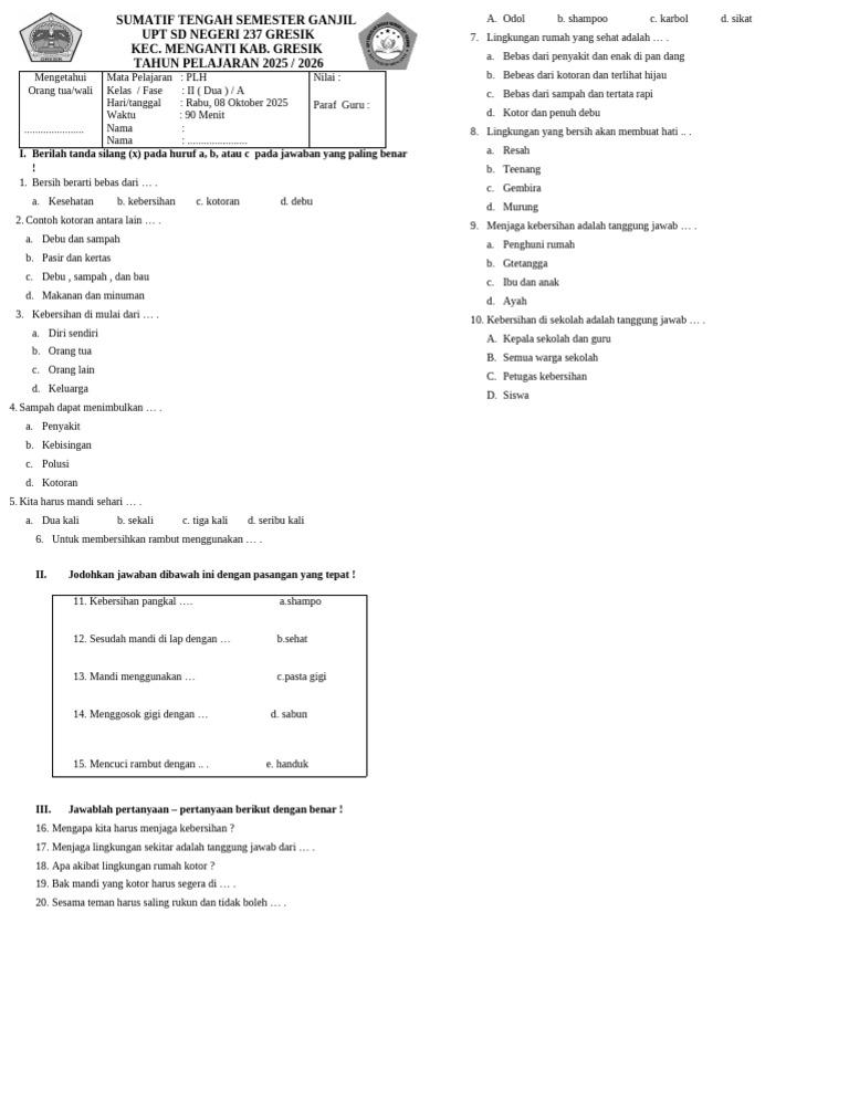 Ujian PLH Kelas II Kebersihan dan Lingkungan PDF Ujian PLH Kelas II Kebersihan dan Lingkungan PDF