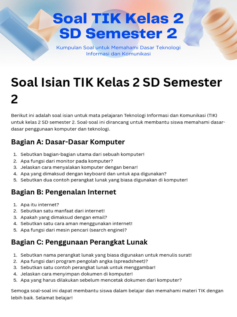 7 Contoh Soal TIK Kelas 2 SD Semester 2 yang Wajib Diketahui Sebelum Ujian! 7 Contoh Soal TIK Kelas 2 SD Semester 2 yang Wajib Diketahui Sebelum Ujian!