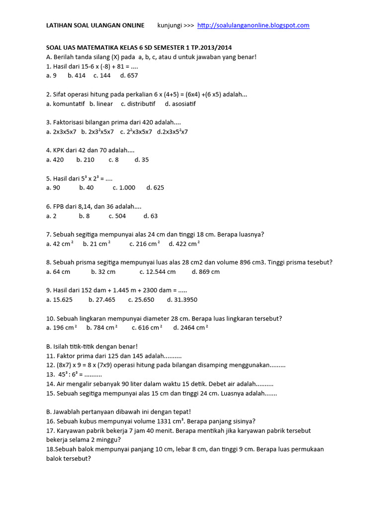 7 Contoh Soal UAS Matematika Kelas 6 Semester 1 Kurikulum 2013 Ternyata Sering Muncul di Ujian Akhir 7 Contoh Soal UAS Matematika Kelas 6 Semester 1 Kurikulum 2013 Ternyata Sering Muncul di Ujian Akhir