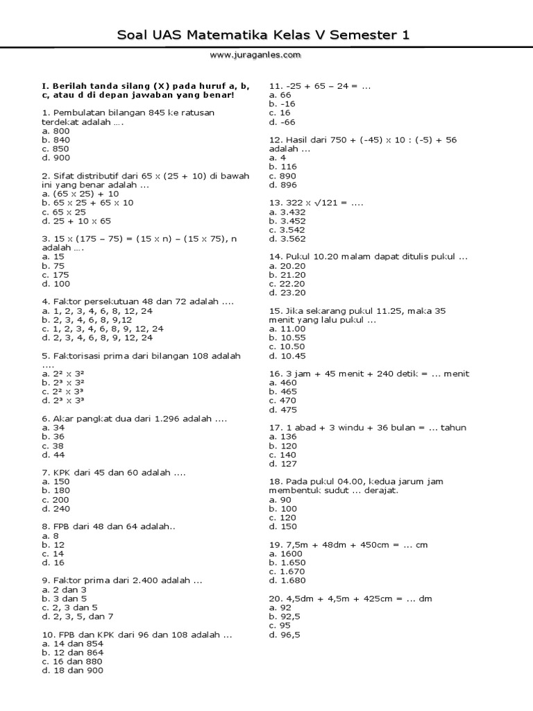 Soal UAS Matematika Kelas 5 Semester 1 PDF Soal UAS Matematika Kelas 5 Semester 1 PDF
