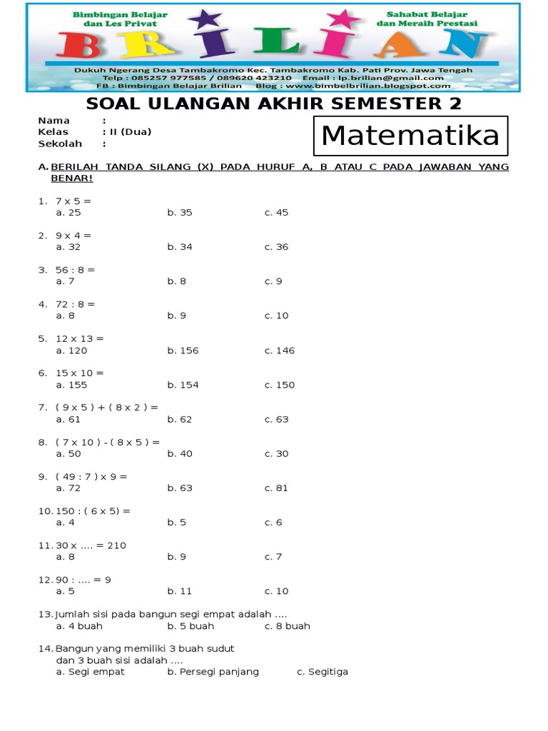 Contoh Soal UAS Matematika Kelas 2 SD Semester 1 Terbaru 2026 Lengkap dengan Kunci Jawaban Pembahasan Contoh Soal UAS Matematika Kelas 2 SD Semester 1 Terbaru 2026 Lengkap dengan Kunci Jawaban Pembahasan
