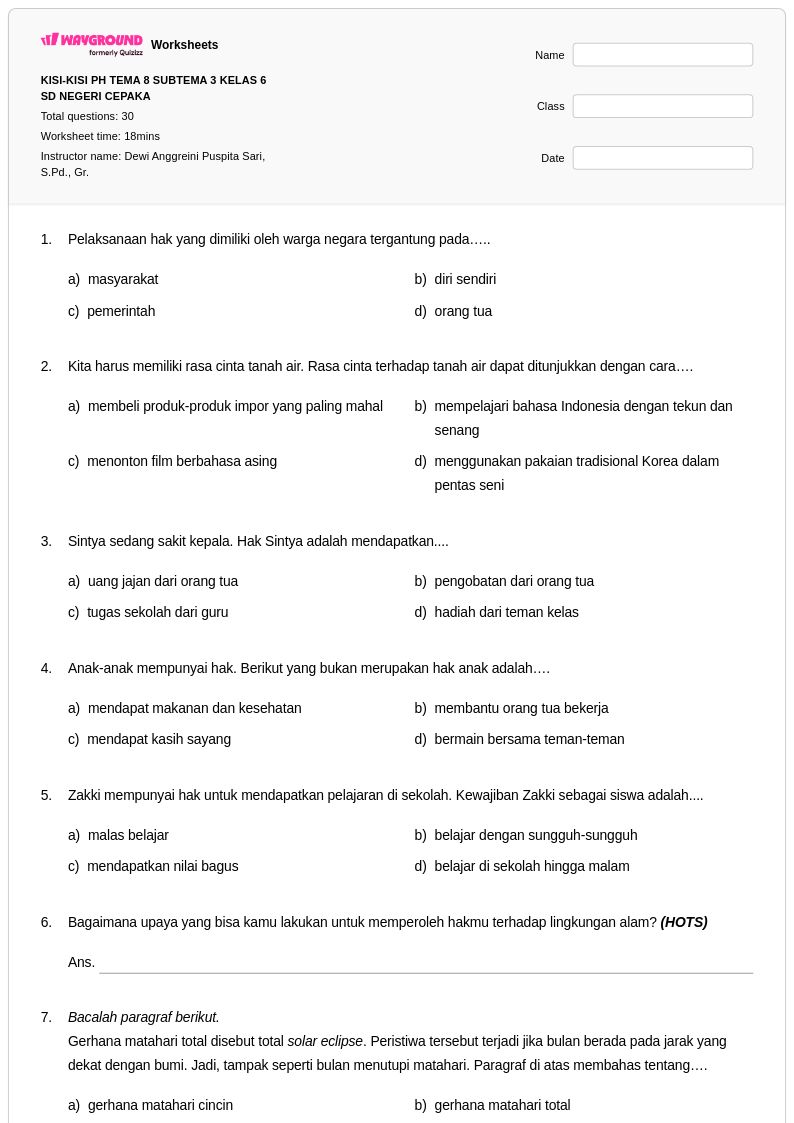 50 lembar kerja Peristiwa Sederhana untuk Kelas 6 di Wayground 50 lembar kerja Peristiwa Sederhana untuk Kelas 6 di Wayground