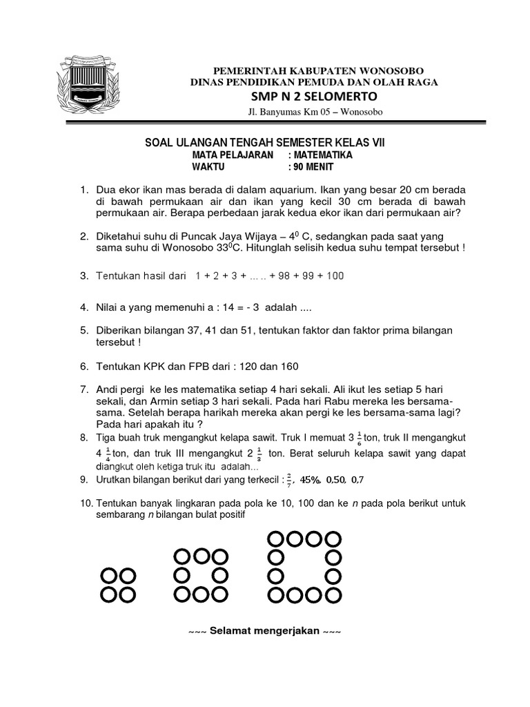 Soal Ulangan Matematika Kelas 7 Semester 1 - Seputar Kelas Soal Ulangan Matematika Kelas 7 Semester 1 - Seputar Kelas