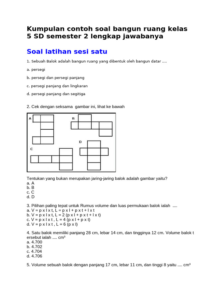Soal Bangun Ruang Kelas 5 SD PDF Soal Bangun Ruang Kelas 5 SD PDF