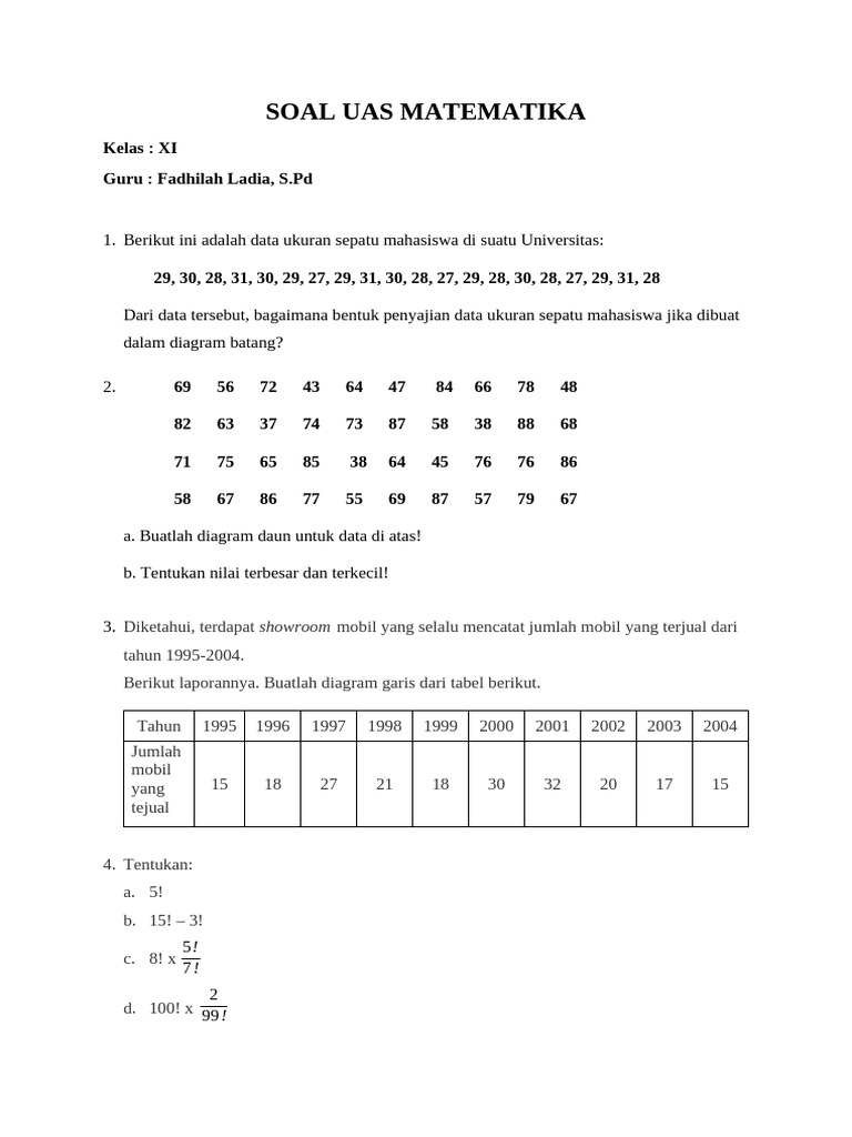 Terbukti! 5 Contoh Soal UAS Matematika Kelas XI Semester 1 Tahun 2017 Naik Nilai Cepat