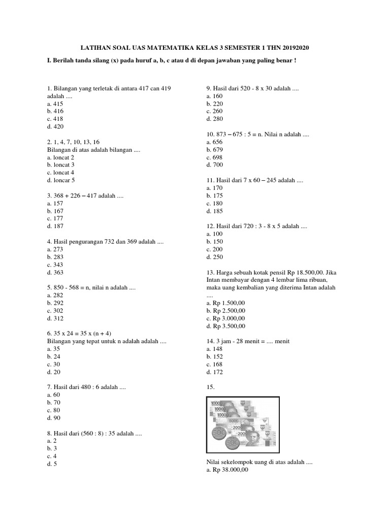 Soal UAS Matematika Kelas 3 Semester 1 PDF Soal UAS Matematika Kelas 3 Semester 1 PDF