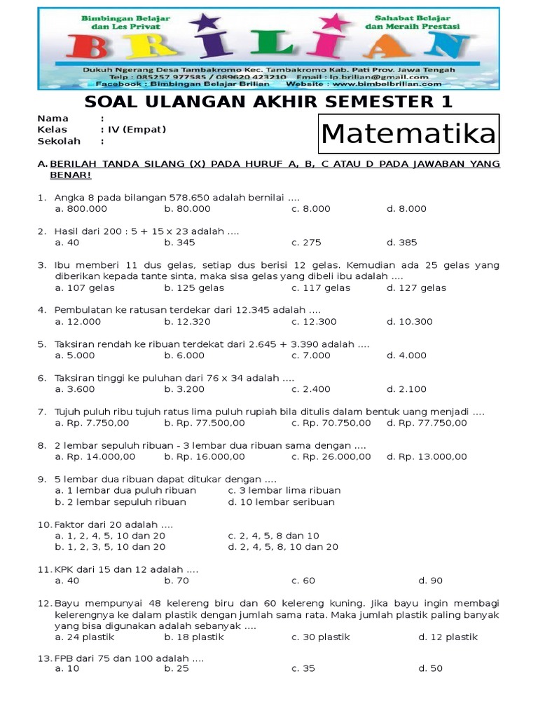 contoh soal uas matematika kelas 4 semester 1