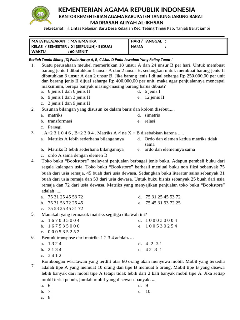 Rahasia Skor Sempurna dengan Contoh Soal UAS Matematika Kelas XI Semester 1 Kurikulum 2013 Rahasia Skor Sempurna dengan Contoh Soal UAS Matematika Kelas XI Semester 1 Kurikulum 2013