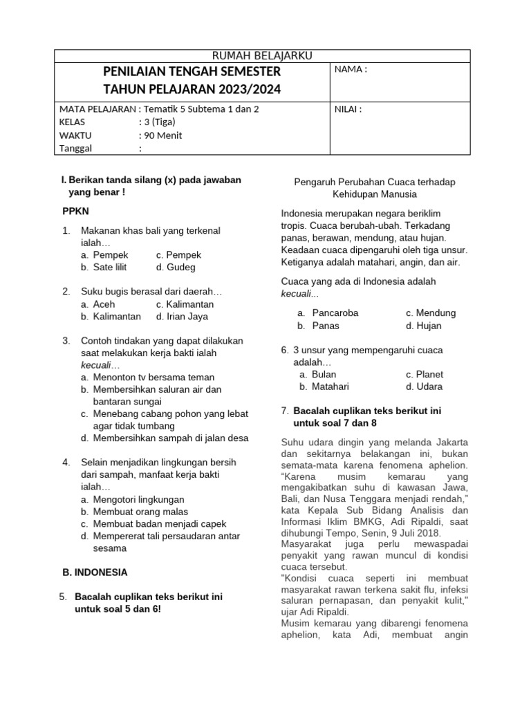 Wajib Tahu! Kumpulan Latihan Soal Penilaian Tengah Semester 2 Kelas 3 SD Terbaru Wajib Tahu! Kumpulan Latihan Soal Penilaian Tengah Semester 2 Kelas 3 SD Terbaru