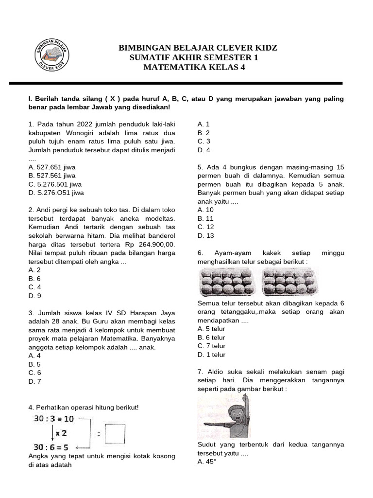 Wajib Tahu Link Download Soal Matematika Kelas 4 Semester 1 dan Kunci Jawaban Terbaru
